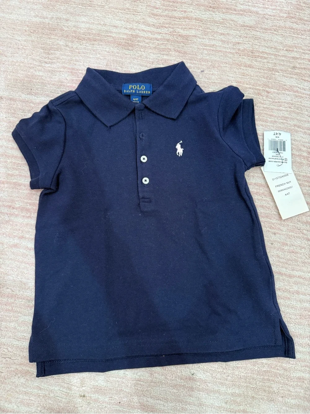 Ralph Lauren Girls' Navy Short Sleeve Polo with Light Pink Pony
